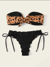 Load image into Gallery viewer, Beach Bikini Woman Lace Up Tie Strapless Leopard Swimsuit Women's Halter Bikini V Cut Bottom Lace Up Two Piece Swimsuits Female Push Up Ruffled Bow Bathing Suit Thong Swimwear