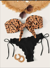 Load image into Gallery viewer, Beach Bikini Woman Lace Up Tie Strapless Leopard Swimsuit Women's Halter Bikini V Cut Bottom Lace Up Two Piece Swimsuits Female Push Up Ruffled Bow Bathing Suit Thong Swimwear