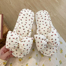 Load image into Gallery viewer, Beautiful Bow Flat Lightweight Soft Spring Autumn Women Cotton Shoes Indoor Fluffy Warm Home Comfortable High Quality Slippers Memory Foam Open Toe Slide Slippers Ribbon Strap Slip-On House Shoes