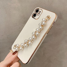 Load image into Gallery viewer, Beautiful White Pearl Chain Gold Color Plating Straight Edge Phone Case for iPhone 13 11 12 Pro Max Case for iPhone X XS MAX XR 7 8 Plus Phone Case Plating Pearl Chain Wrist Bracelet Cover