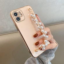 Load image into Gallery viewer, Beautiful White Pearl Chain Gold Color Plating Straight Edge Phone Case for iPhone 13 11 12 Pro Max Case for iPhone X XS MAX XR 7 8 Plus Phone Case Plating Pearl Chain Wrist Bracelet Cover