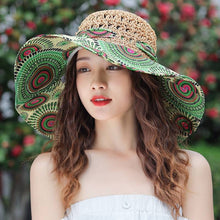Load image into Gallery viewer, Women's Patterned Straw Beach Sun Hat – Round Crown UV Protection Summer Hat