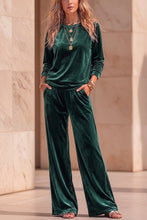 Load image into Gallery viewer, Women's Velvet Two-Piece Lounge Set – Round Neck Top & Wide-Leg Pants