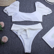 Load image into Gallery viewer, Bikini New 2 Piece Women Swimsuit Women's High Waist Bikini Set Fashion Puff Sleeve Swimwear Set Bathing Suits Solid Color Short Puff Sleeve Summer High Waist Cut Backless Bathing Suit Beachwear