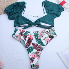 Load image into Gallery viewer, Bikini New 2 Piece Women Swimsuit Women's High Waist Bikini Set Fashion Puff Sleeve Swimwear Set Bathing Suits Solid Color Short Puff Sleeve Summer High Waist Cut Backless Bathing Suit Beachwear