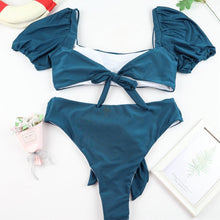 Load image into Gallery viewer, Bikini New 2 Piece Women Swimsuit Women's High Waist Bikini Set Fashion Puff Sleeve Swimwear Set Bathing Suits Solid Color Short Puff Sleeve Summer High Waist Cut Backless Bathing Suit Beachwear