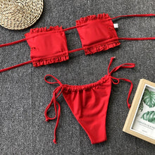 Load image into Gallery viewer, Bikini Pleated Swimsuit Female Swimwear Women's Ruffle Tie Side Bikini Set High Cut Strapless Padded Solid Bathing Suit Women Mini Thong Bikini Set Bather Swimming Beachwear For Bathing Suit