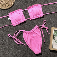 Load image into Gallery viewer, Bikini Pleated Swimsuit Female Swimwear Women's Ruffle Tie Side Bikini Set High Cut Strapless Padded Solid Bathing Suit Women Mini Thong Bikini Set Bather Swimming Beachwear For Bathing Suit
