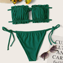 Load image into Gallery viewer, Bikini Pleated Swimsuit Female Swimwear Women's Ruffle Tie Side Bikini Set High Cut Strapless Padded Solid Bathing Suit Women Mini Thong Bikini Set Bather Swimming Beachwear For Bathing Suit