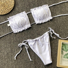 Load image into Gallery viewer, Bikini Pleated Swimsuit Female Swimwear Women's Ruffle Tie Side Bikini Set High Cut Strapless Padded Solid Bathing Suit Women Mini Thong Bikini Set Bather Swimming Beachwear For Bathing Suit