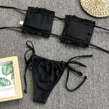 Load image into Gallery viewer, Bikini Pleated Swimsuit Female Swimwear Women's Ruffle Tie Side Bikini Set High Cut Strapless Padded Solid Bathing Suit Women Mini Thong Bikini Set Bather Swimming Beachwear For Bathing Suit