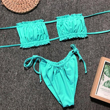 Load image into Gallery viewer, Bikini Pleated Swimsuit Female Swimwear Women's Ruffle Tie Side Bikini Set High Cut Strapless Padded Solid Bathing Suit Women Mini Thong Bikini Set Bather Swimming Beachwear For Bathing Suit