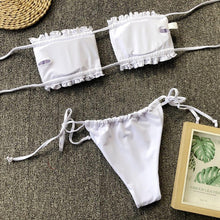 Load image into Gallery viewer, Bikini Pleated Swimsuit Female Swimwear Women's Ruffle Tie Side Bikini Set High Cut Strapless Padded Solid Bathing Suit Women Mini Thong Bikini Set Bather Swimming Beachwear For Bathing Suit