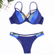 Load image into Gallery viewer, Bikini Push Up Swimsuit Female Swimwear Women Two-pieces Bikini set Bra Cup Bather Bathing Suit Swim Lady Triangle Bikini T-Back 2 Pieces Bandeau Swimsuit V Neck Swimwear Halter Push Up Bathing Suit