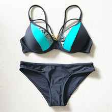 Load image into Gallery viewer, Bikini Push Up Swimsuit Female Swimwear Women Two-pieces Bikini set Bra Cup Bather Bathing Suit Swim Lady Triangle Bikini T-Back 2 Pieces Bandeau Swimsuit V Neck Swimwear Halter Push Up Bathing Suit
