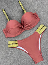 Load image into Gallery viewer, Bikini Sets Solid Color Swimsuit Mid-Waist Gather Cup Bikinis Women Swimwear Female Bathing Suits Beach wear Two Piece Swimsuits Triangle Bikini swimsuits for Women
