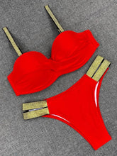 Load image into Gallery viewer, Bikini Sets Solid Color Swimsuit Mid-Waist Gather Cup Bikinis Women Swimwear Female Bathing Suits Beach wear Two Piece Swimsuits Triangle Bikini swimsuits for Women