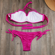 Load image into Gallery viewer, Bikini Solid Strappy Bandage Bikinis Set White Push Up Bikini Swimwear Swimsuit Bathing Suit Women's Ribbed Tie Bikini Adjustable Lace Up Bottom String Women Swimsuit