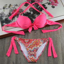 Load image into Gallery viewer, Bikini Solid Strappy Bandage Bikinis Set White Push Up Bikini Swimwear Swimsuit Bathing Suit Women's Ribbed Tie Bikini Adjustable Lace Up Bottom String Women Swimsuit