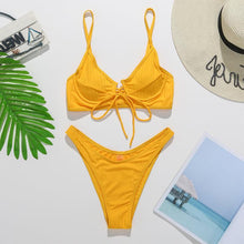 Load image into Gallery viewer, Bikini Swimwear Women Green Swimsuits Bathing Suit Beachwear Women's Ribbed Braided String Bikini Lace Up Swimsuit Square Collar High Cut Bathing Suit