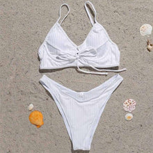 Load image into Gallery viewer, Bikini Swimwear Women Green Swimsuits Bathing Suit Beachwear Women's Ribbed Braided String Bikini Lace Up Swimsuit Square Collar High Cut Bathing Suit