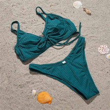 Load image into Gallery viewer, Bikini Swimwear Women Green Swimsuits Bathing Suit Beachwear Women's Ribbed Braided String Bikini Lace Up Swimsuit Square Collar High Cut Bathing Suit