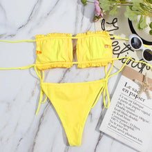 Load image into Gallery viewer, Bikini Women Swimsuit Female Low Waist Swimwear Women Beach Mini Thong Bikini Set Bathing Suit Women Thong Swimsuits Strapless 2 Piece Bikini String Tie Ruffle Brazilian Bathing Suit