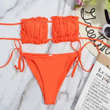 Load image into Gallery viewer, Bikini Women Swimsuit Female Low Waist Swimwear Women Beach Mini Thong Bikini Set Bathing Suit Women Thong Swimsuits Strapless 2 Piece Bikini String Tie Ruffle Brazilian Bathing Suit