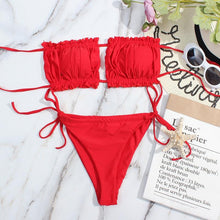 Load image into Gallery viewer, Bikini Women Swimsuit Female Low Waist Swimwear Women Beach Mini Thong Bikini Set Bathing Suit Women Thong Swimsuits Strapless 2 Piece Bikini String Tie Ruffle Brazilian Bathing Suit