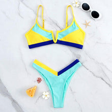 Load image into Gallery viewer, Bikinis Ribbed Swimwear Women's Swimsuit Push Up Bathing Suit Solid Patchwork High Cut Bikini Set Women Padded Push up Bikini Set Halter Two Piece Cross Top Swimsuit Patchwork Bathing Suit