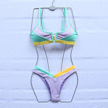 Load image into Gallery viewer, Bikinis Ribbed Swimwear Women's Swimsuit Push Up Bathing Suit Solid Patchwork High Cut Bikini Set Women Padded Push up Bikini Set Halter Two Piece Cross Top Swimsuit Patchwork Bathing Suit