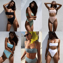 Load image into Gallery viewer, Bikinis Solid Push Up Bikini Padded Bra Straps High Waist Swimsuit Female Swimwear Women's Bathing Suit Lace up Bikini Ribbed Two Piece Swimsuit
