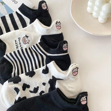 Load image into Gallery viewer, Black And White Embroidery Female Tide Socks Shallow Mouth Summer Cartoon Cow Cute Fashion Boat Socks Unisex Men And Women Cotton Ankle Socks