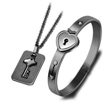 Load image into Gallery viewer, Black Heart Bracelet Choker Set Jewelry Stainless Steel Key Pendant Necklace Women Men Couples Valentines Plated Titanium Matching Puzzle Couple Heart Lock Bracelet And Key Pendant Necklace For Men And Women