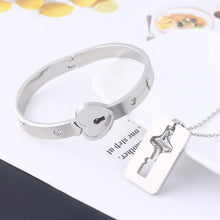 Load image into Gallery viewer, Black Heart Bracelet Choker Set Jewelry Stainless Steel Key Pendant Necklace Women Men Couples Valentines Plated Titanium Matching Puzzle Couple Heart Lock Bracelet And Key Pendant Necklace For Men And Women