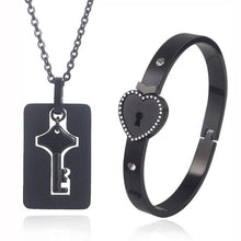 Load image into Gallery viewer, Black Heart Bracelet Choker Set Jewelry Stainless Steel Key Pendant Necklace Women Men Couples Valentines Plated Titanium Matching Puzzle Couple Heart Lock Bracelet And Key Pendant Necklace For Men And Women