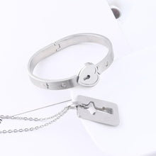 Load image into Gallery viewer, Black Heart Bracelet Choker Set Jewelry Stainless Steel Key Pendant Necklace Women Men Couples Valentines Plated Titanium Matching Puzzle Couple Heart Lock Bracelet And Key Pendant Necklace For Men And Women
