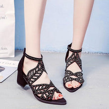Load image into Gallery viewer, Black Luxury Style Women Summer Sandals Hollow Out Leather Rhinestones Thick Heel Zipper Sandals Beach Sandals Rhinestone Hollow Out Non Slip Breathable Casual Rhinestone Summer Fashion Comfy Sandals