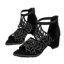 Load image into Gallery viewer, Black Luxury Style Women Summer Sandals Hollow Out Leather Rhinestones Thick Heel Zipper Sandals Beach Sandals Rhinestone Hollow Out Non Slip Breathable Casual Rhinestone Summer Fashion Comfy Sandals