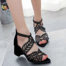 Load image into Gallery viewer, Black Luxury Style Women Summer Sandals Hollow Out Leather Rhinestones Thick Heel Zipper Sandals Beach Sandals Rhinestone Hollow Out Non Slip Breathable Casual Rhinestone Summer Fashion Comfy Sandals