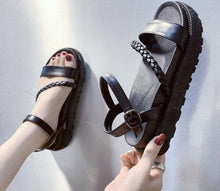 Load image into Gallery viewer, Black Summer Woman Flat Platform Sandals Women Soft Leather Casual Open Toe Women Shoes Slides Sandals Comfort Footbed Double Buckle Adjustable Slippers Summer Non Slip Flat Elegant Sandals