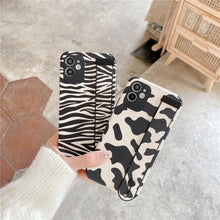Load image into Gallery viewer, Black White Leopard Milk Pattern PU Leather Phone Case For iPhone 14 13 12 11 Pro XS MAX X XR 8 Plus Cover Hand Band Wrist Strap Women Leopard Pattern Clear Phone Case with Camera Protection Phone Protective Cover Modern Design Phone Cases