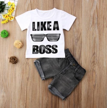 Load image into Gallery viewer, Boys' Short Sleeve Letter T-Shirt & Denim Shorts Set - # BAAA51210050 & BOAA11310009