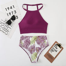 Load image into Gallery viewer, Brown Leaf Print High Waist Bikini Set 2 Piece Summer Padded Push Up High Waist Bikini Swimsuit Swimwear Swimsuit Women High Neck Two Pieces Swimwear Female Sports Bathing Suit