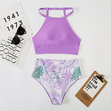 Load image into Gallery viewer, Brown Leaf Print High Waist Bikini Set 2 Piece Summer Padded Push Up High Waist Bikini Swimsuit Swimwear Swimsuit Women High Neck Two Pieces Swimwear Female Sports Bathing Suit