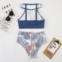 Load image into Gallery viewer, Brown Leaf Print High Waist Bikini Set 2 Piece Summer Padded Push Up High Waist Bikini Swimsuit Swimwear Swimsuit Women High Neck Two Pieces Swimwear Female Sports Bathing Suit
