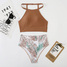 Load image into Gallery viewer, Brown Leaf Print High Waist Bikini Set 2 Piece Summer Padded Push Up High Waist Bikini Swimsuit Swimwear Swimsuit Women High Neck Two Pieces Swimwear Female Sports Bathing Suit