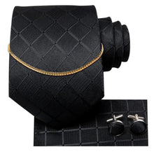 Load image into Gallery viewer, Business Black Silk Necktie Chain Classic Tie Square Handkerchief Elegant Cufflink Wedding Formal Neckties For Men