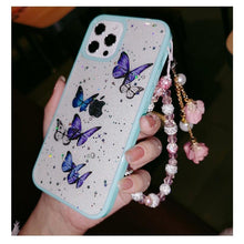 Load image into Gallery viewer, Butterfly Phone Case for iPhone 14 Pro Max 13 12 11 XS XR X 7 8 plus Glitter Clear Covers Bracelet With Lady Pendant Non Moving Dry Fixed Glitter Luxury Shiny Butterfly Wrist Bracelet Chain Soft Silicone Case For Smartphone