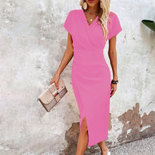 Load image into Gallery viewer, Split V-Neck Bodycon Dress – Slim Fit Short Sleeve Slit Dress